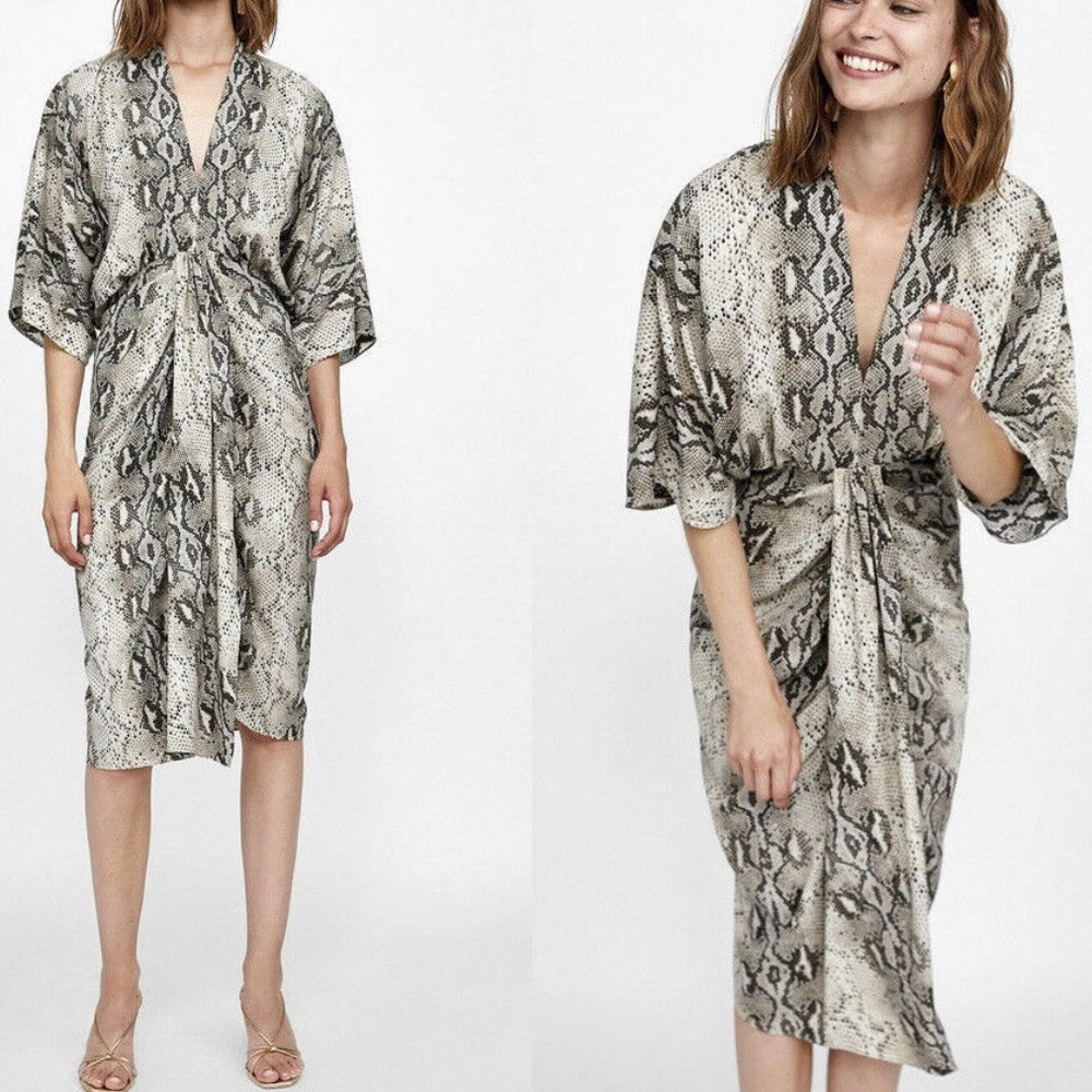 NWT ZARA Snake Skin Print Midi V Neck Dress - Picture 1 of 8